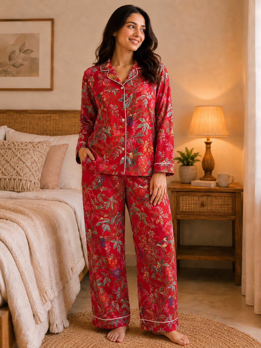 Red Floral & Bird Print PJ Set
