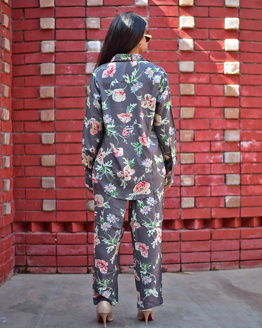 PREMIUM RAYON FLORAL GREY CO-ORD SET