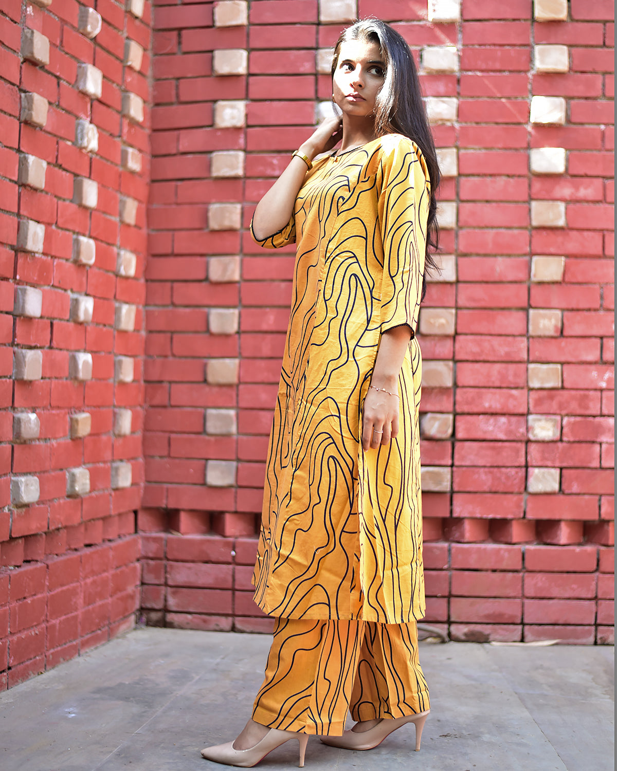 PURE COTTON MUSTARD A-LINE KURTA & PALAZZO SET