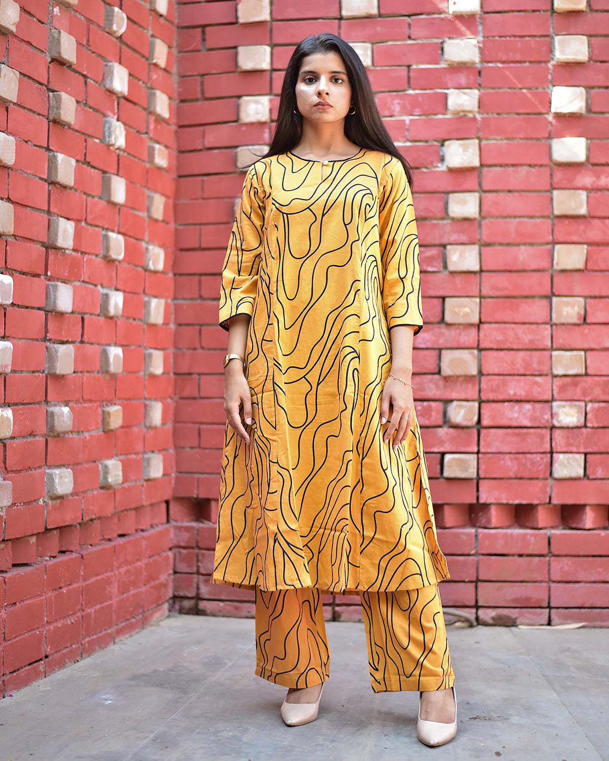 PURE COTTON MUSTARD A-LINE KURTA & PALAZZO SET