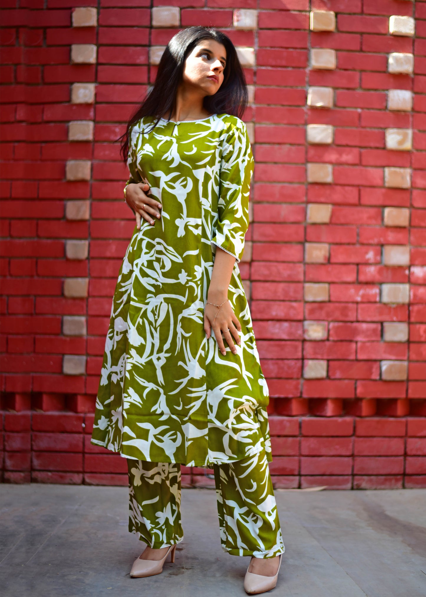 PREMIUM RAYON GREEN A-LINE KURTA & PALAZZO SET