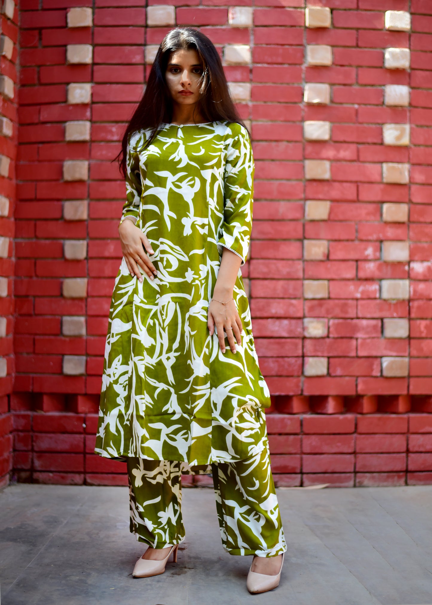 PREMIUM RAYON GREEN A-LINE KURTA & PALAZZO SET