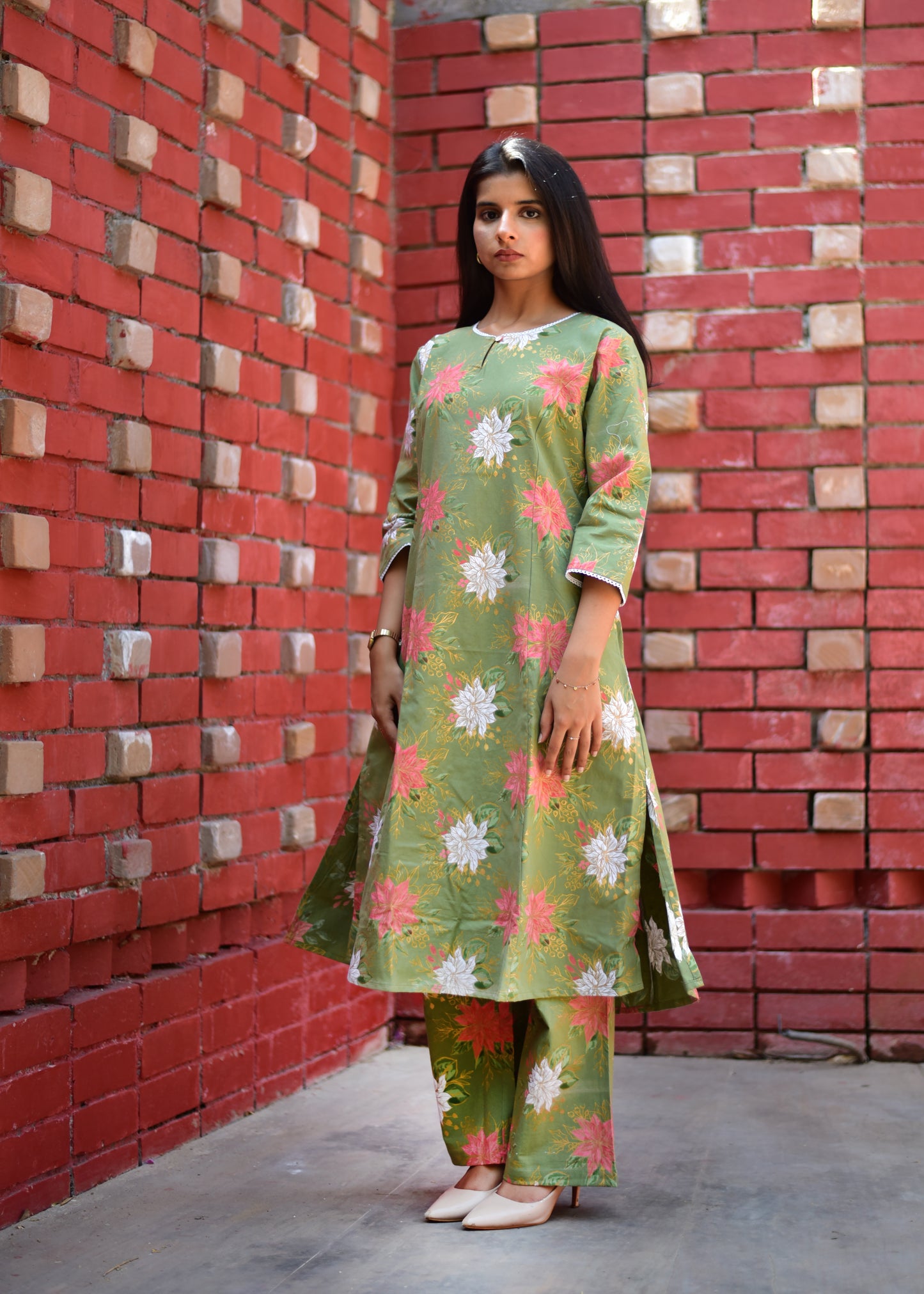 PURE LINEN OLIVE GREEN A-LINE KURTA & PALAZZO SET