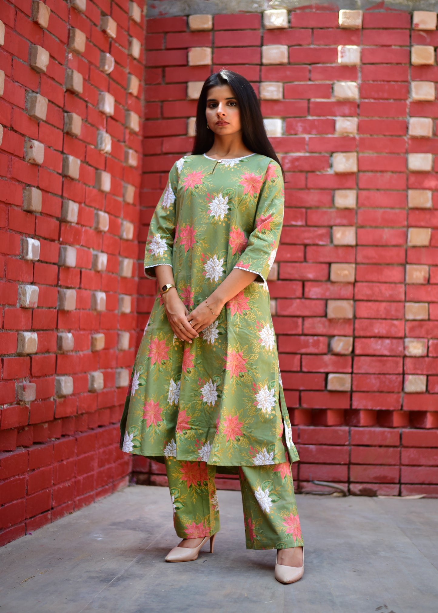 PURE LINEN OLIVE GREEN A-LINE KURTA & PALAZZO SET