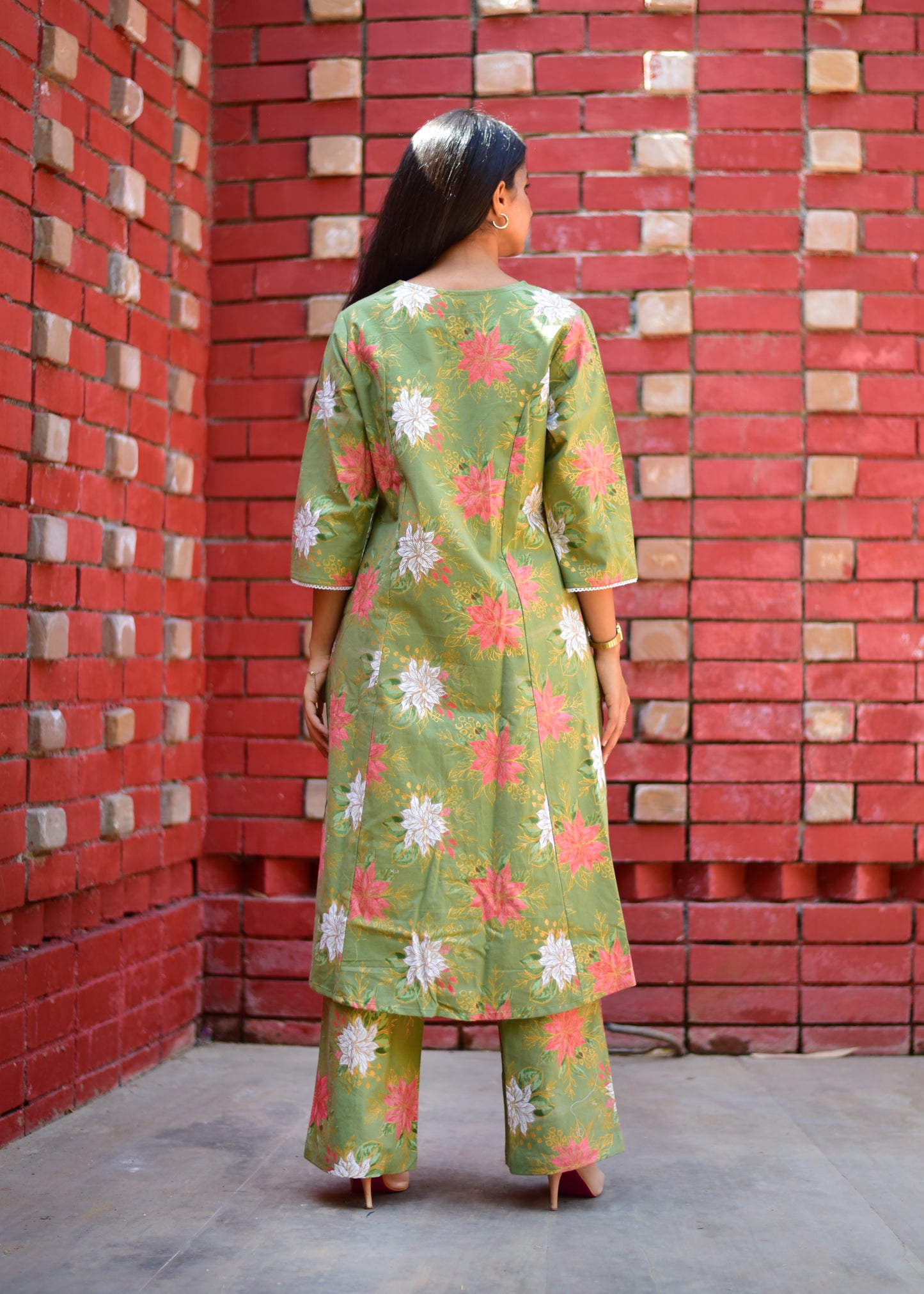 PURE LINEN OLIVE GREEN A-LINE KURTA & PALAZZO SET