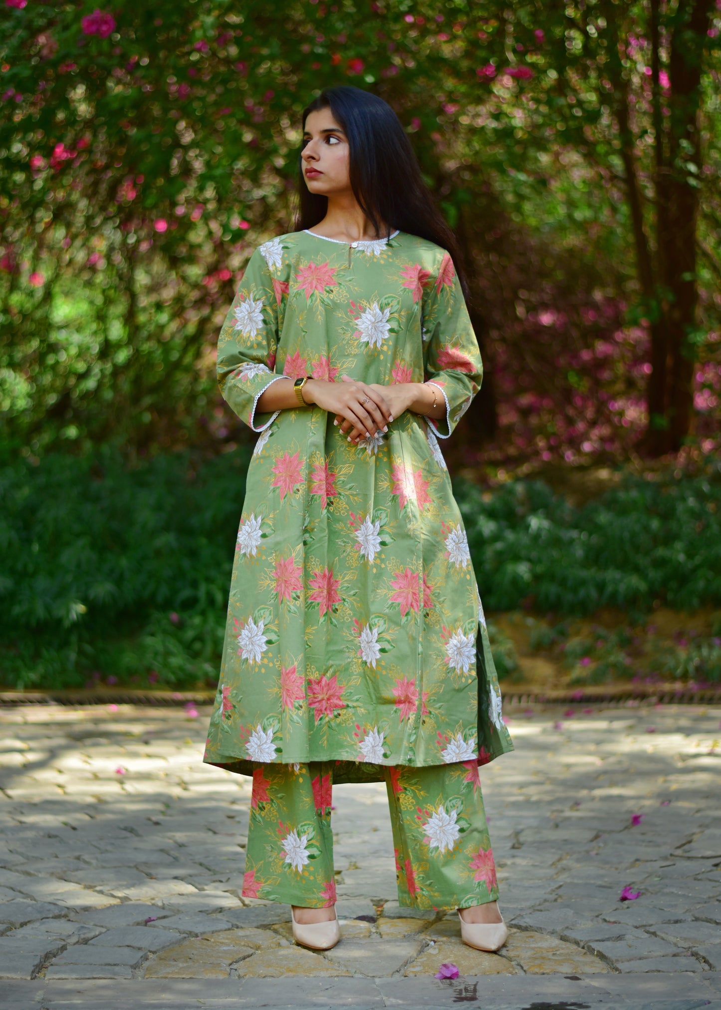 PURE LINEN OLIVE GREEN A-LINE KURTA & PALAZZO SET