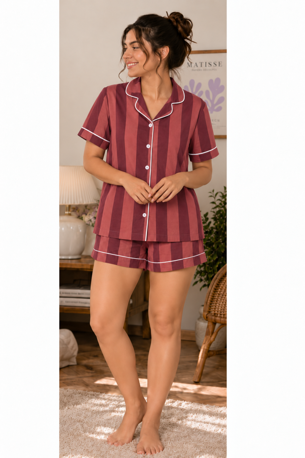 Wine & Rose Stripe Cotton Shorts Night Suit