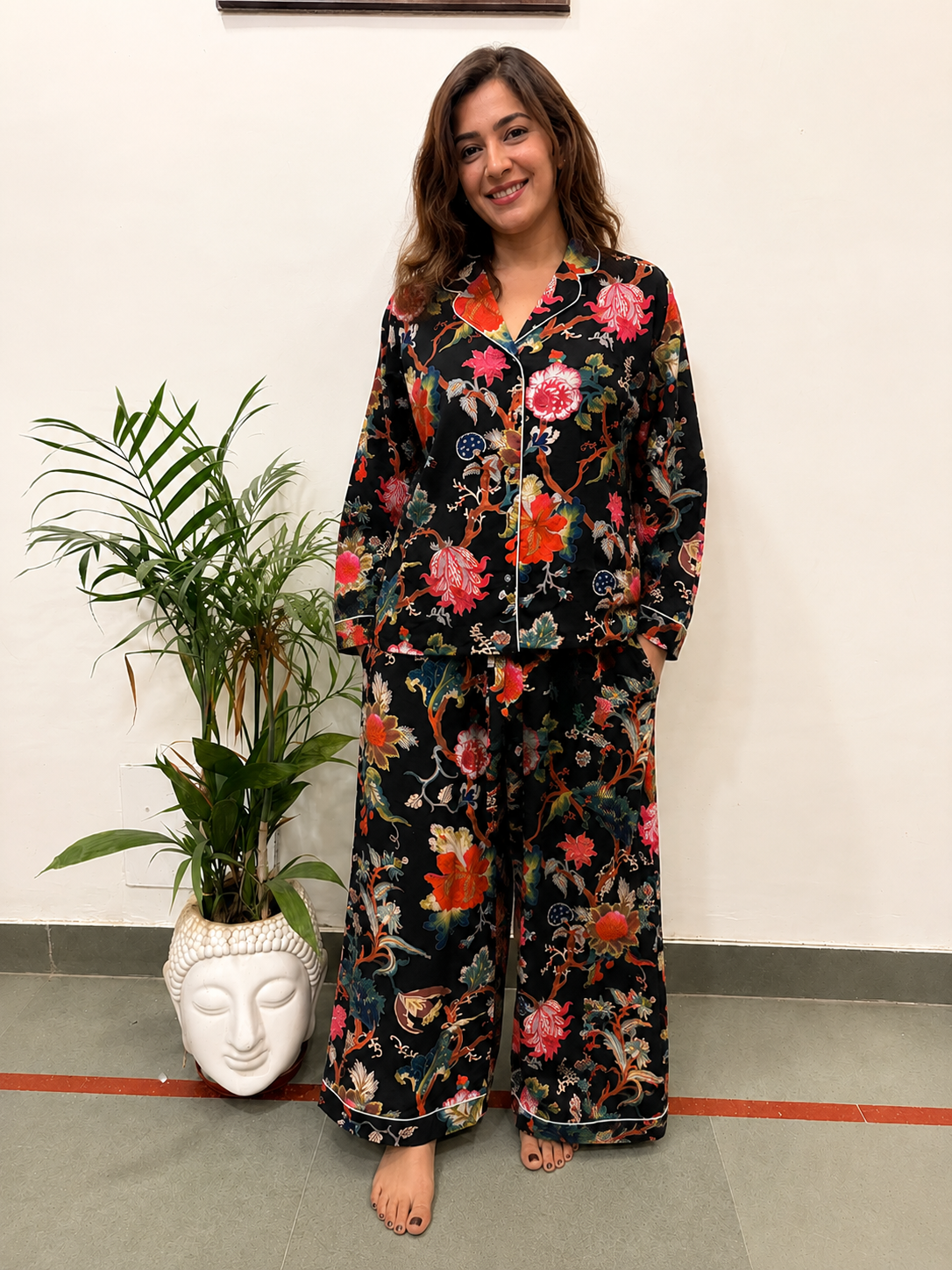 BLACK FLORAL PURE COTTON NIGHT SUIT