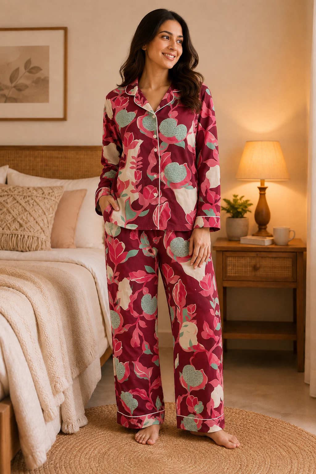 Maroon Floral Pure Cotton Full Sleeve Night Suit