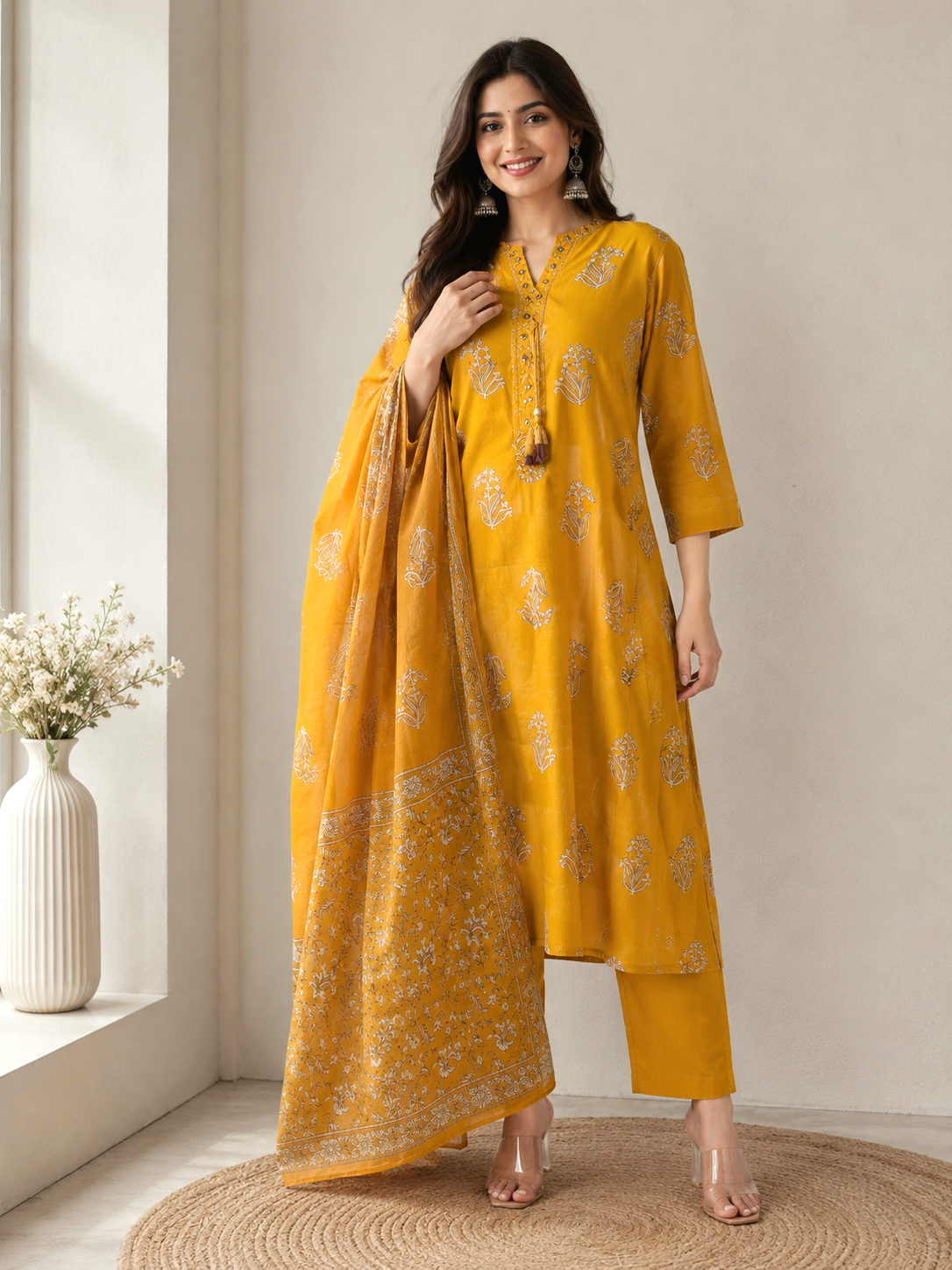 MUSTARD YELLOW PRINTED COTTON 3 PC SET