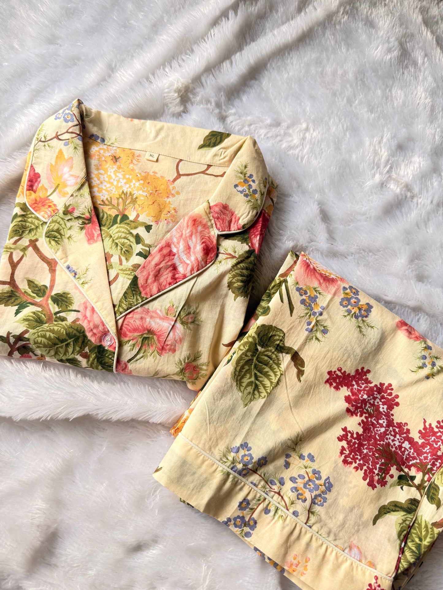 BEIGE FLORAL PRINT PURE COTTON NIGHT SUIT