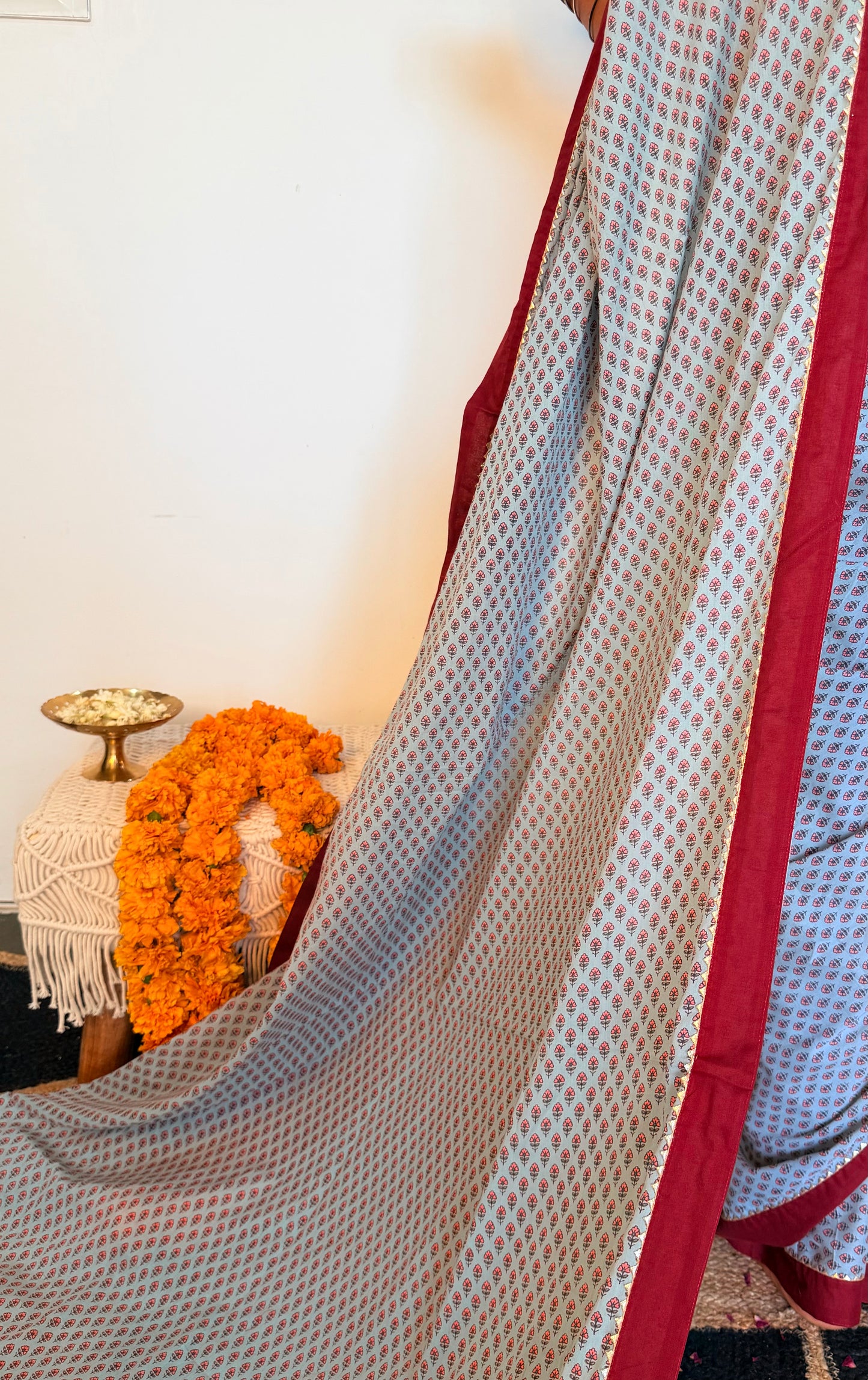 Grey Printed Malmal Cotton Saree with Maroon Border with unstitched blouse