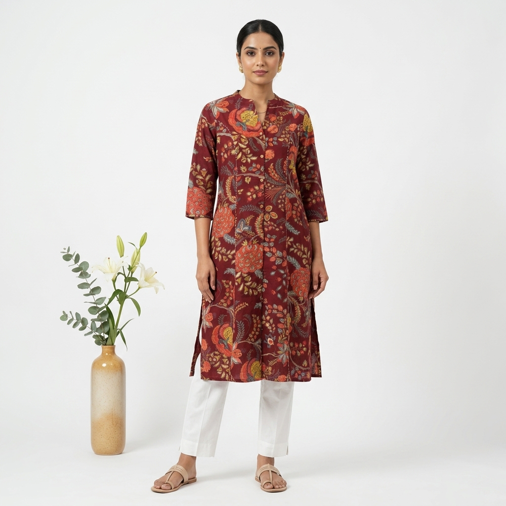 Maroon Floral A-Line Kurti with Pockets