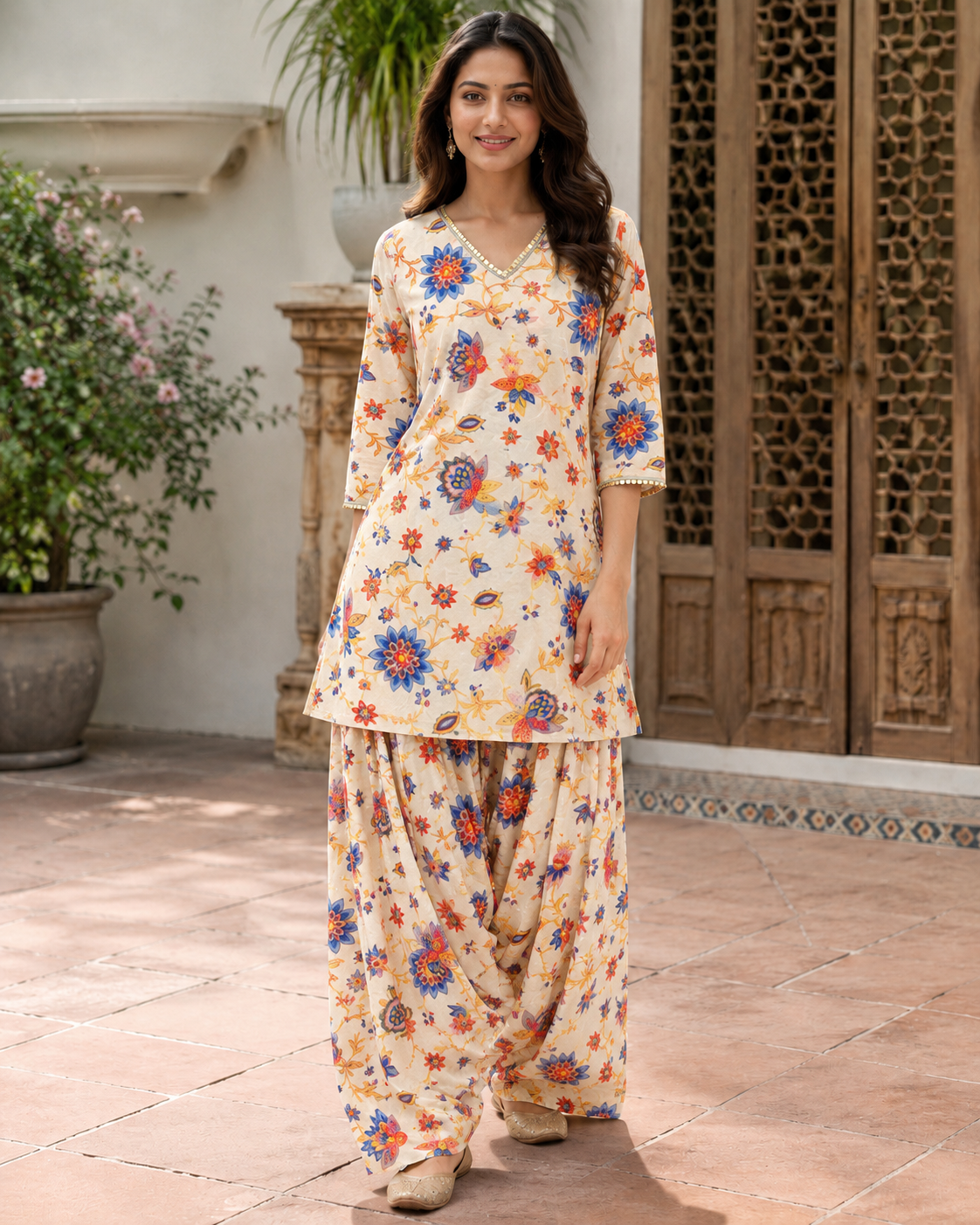 Ivory Orange Floral Summer Silk Farshi Salwar Set