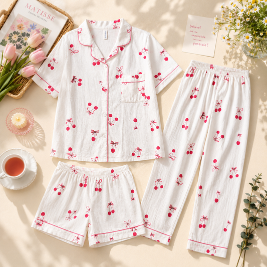 Off white Bow print Premium 3-Piece Cotton Lounge Set – Shirt, Shorts & Pajama