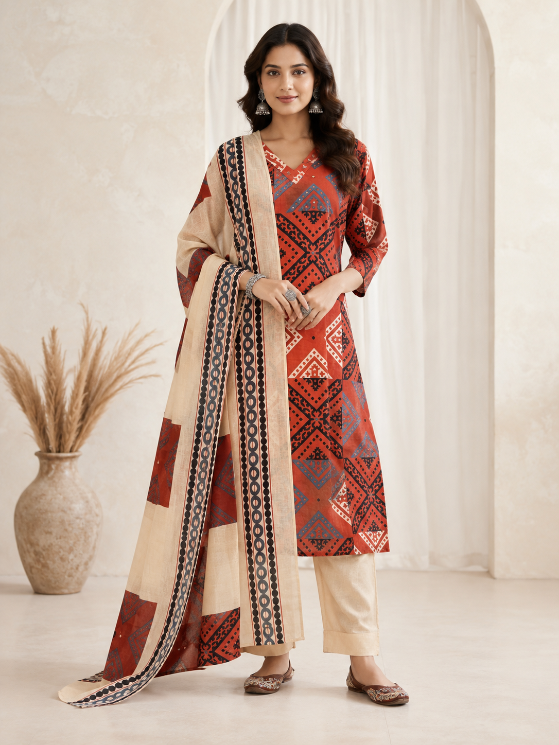 Rust Ajrakh-Inspired 3-Piece Pure Cotton Set