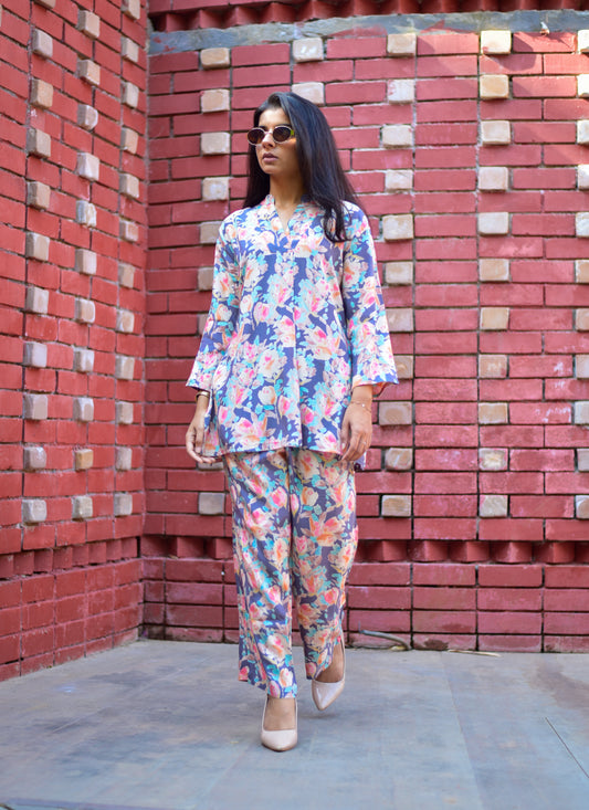 PREMIUM RAYON FLORAL GREY CO-ORD SET