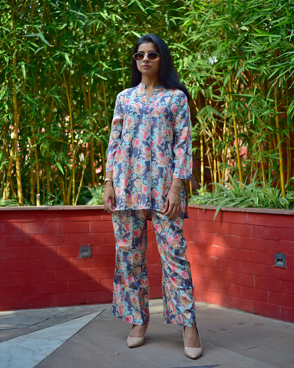 PREMIUM RAYON FLORAL GREY CO-ORD SET