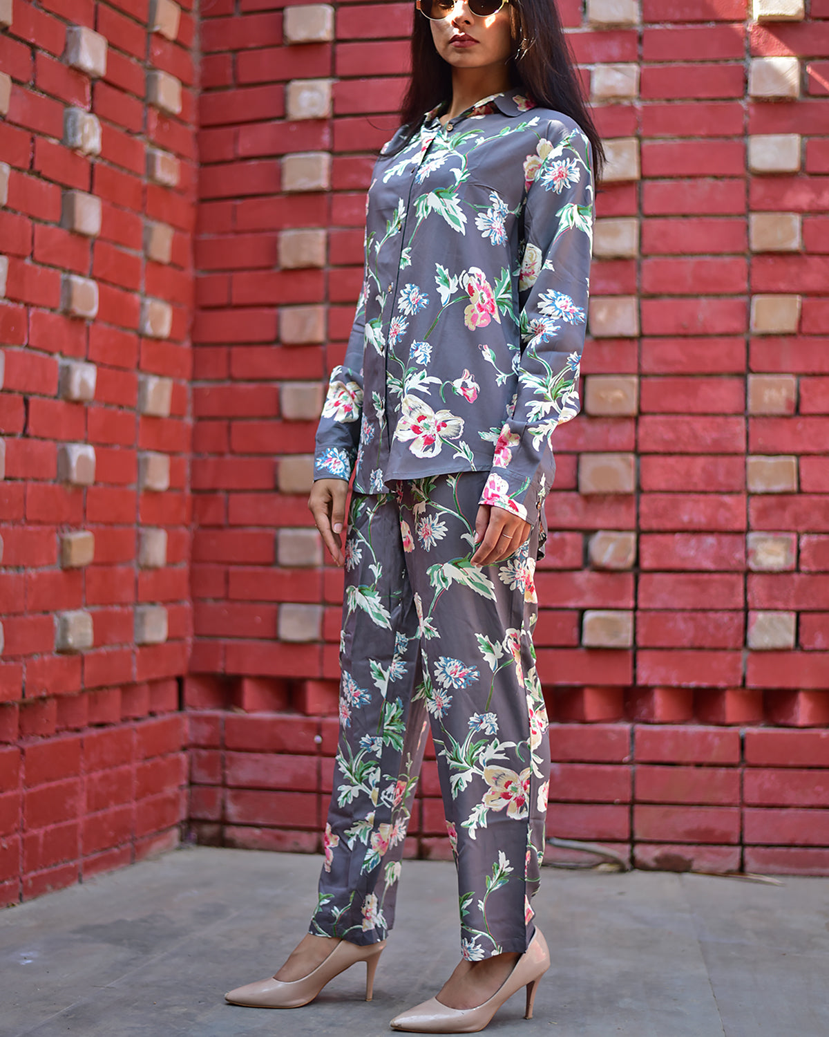 PREMIUM RAYON FLORAL GREY CO-ORD SET