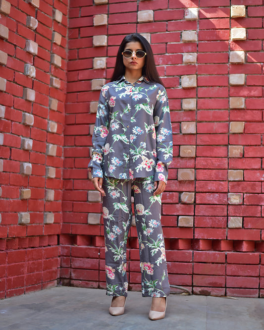 PREMIUM RAYON FLORAL GREY CO-ORD SET