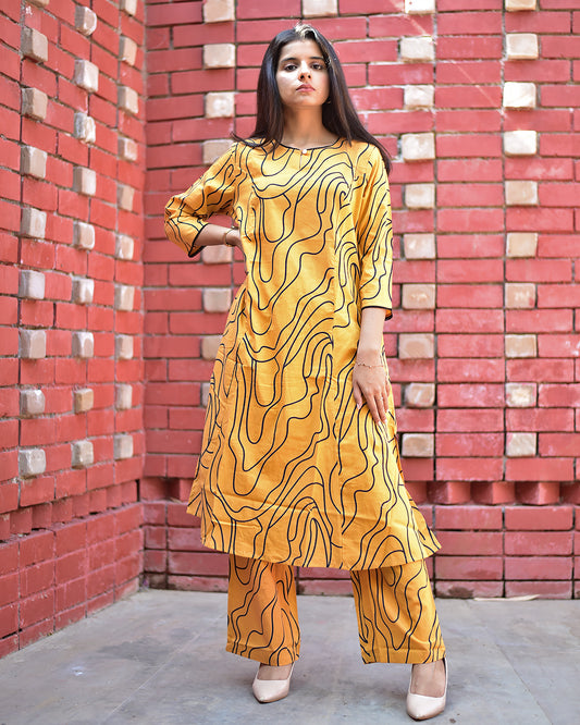 PURE COTTON MUSTARD A-LINE KURTA & PALAZZO SET
