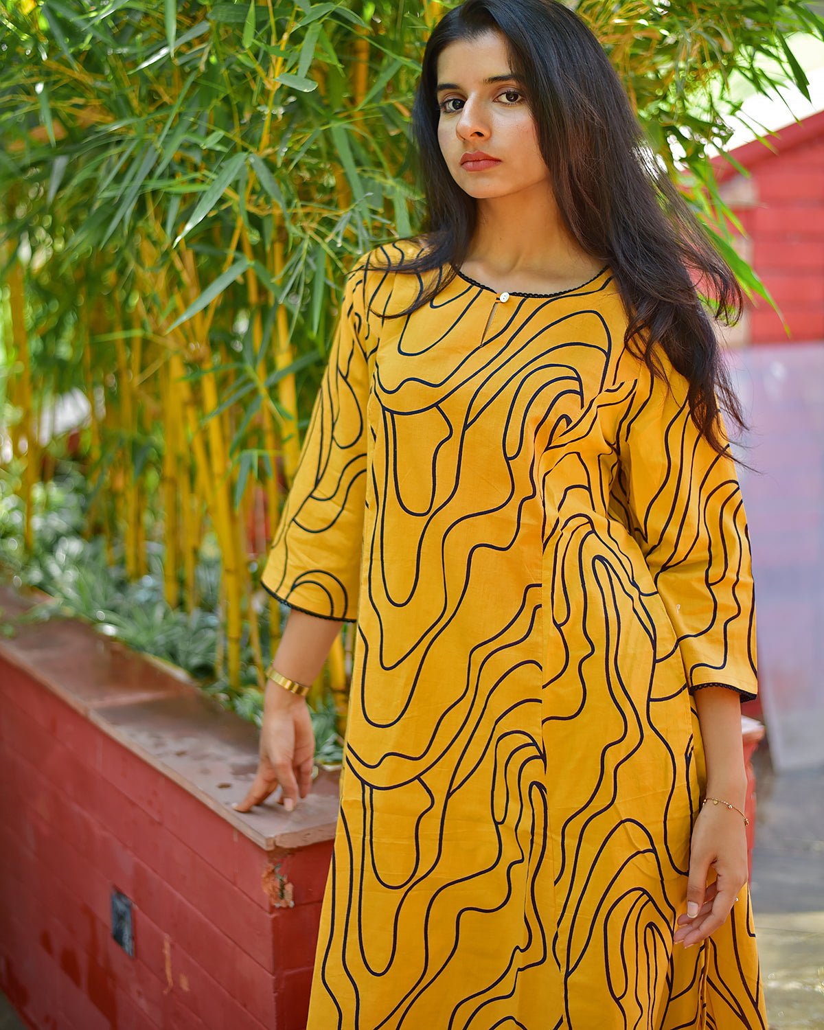 PURE COTTON MUSTARD A-LINE KURTA & PALAZZO SET