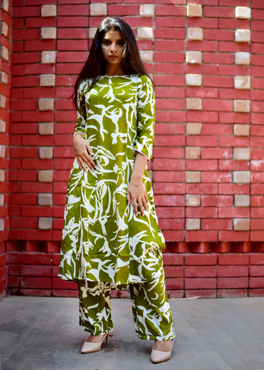 PREMIUM RAYON GREEN  A-LINE KURTA & PALAZZO SET