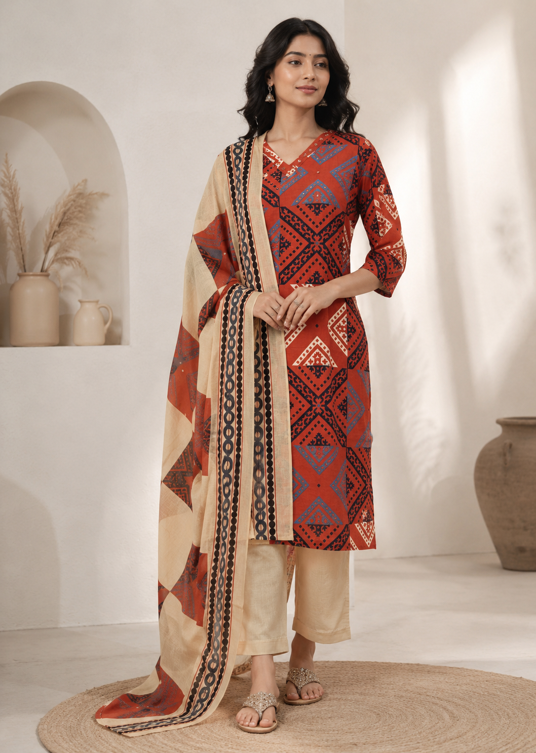 Rust Ajrakh-Inspired 3-Piece Pure Cotton Set