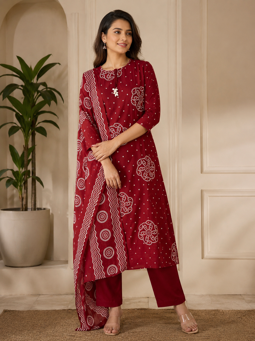 MAROON BANDHANI PRINT PURE COTTON 3 PC SET WITH MALMAL DUPATTA