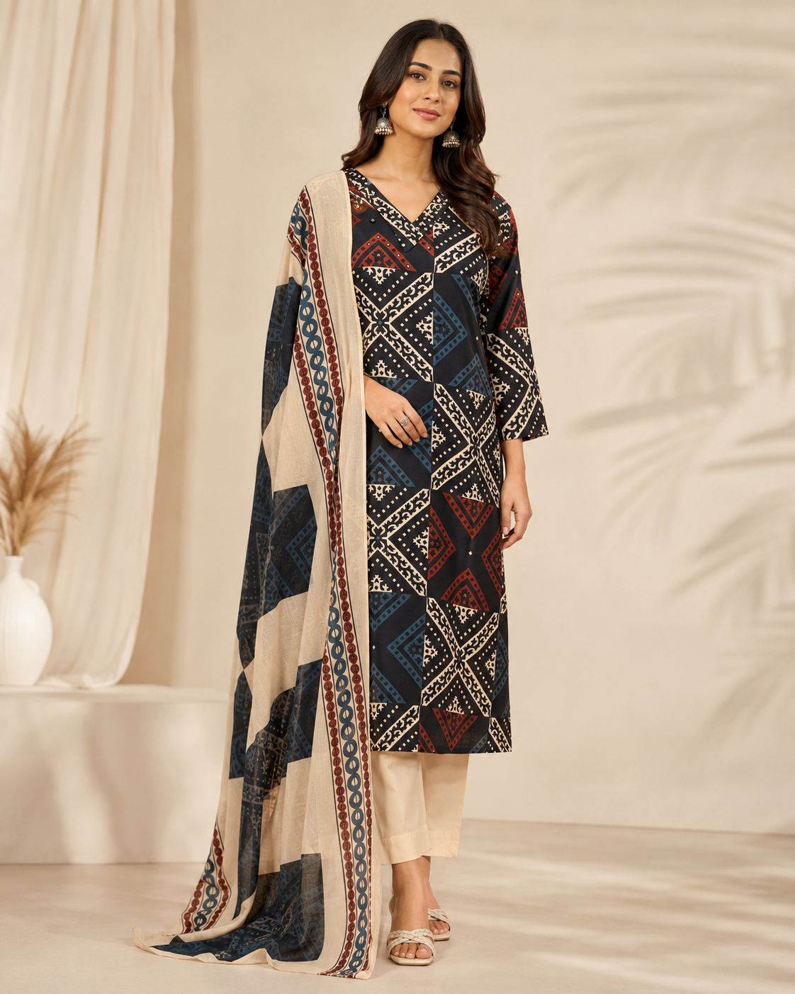 BLACK TRIBLE PRINT COTTON 3 PC SET WITH MALMAL DUPATTA