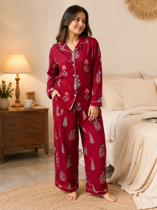 Maroon Floral Cotton PJ Set