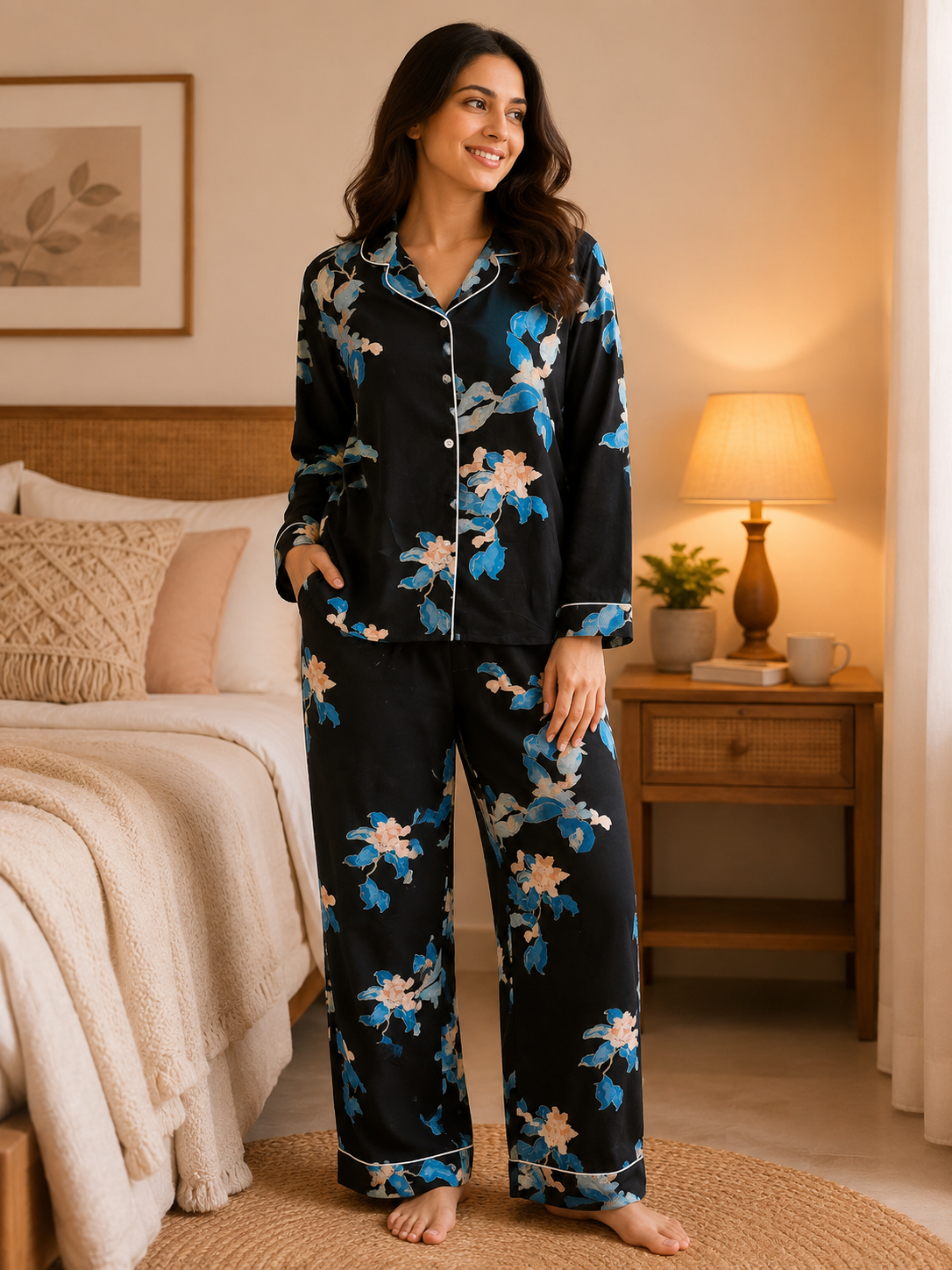 Black Floral Cotton PJ Set