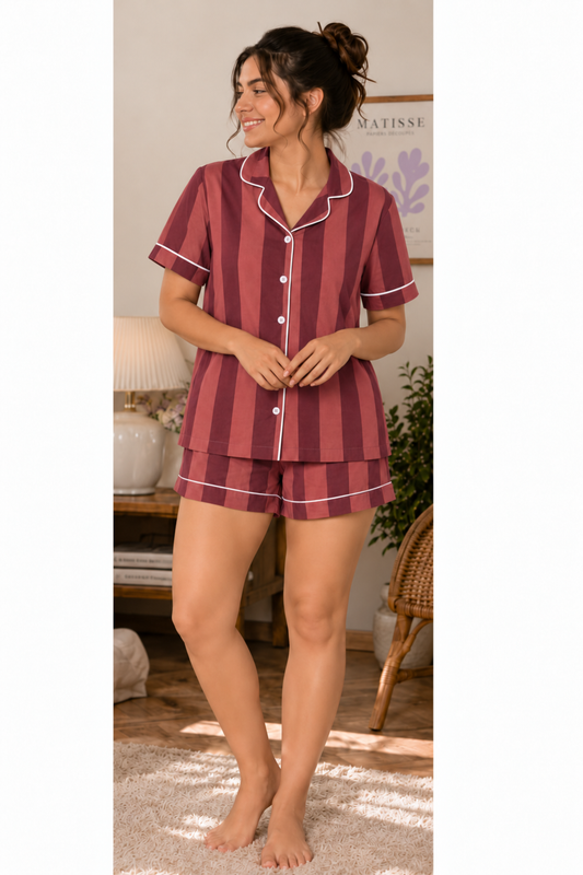 Wine & Rose Stripe Cotton Shorts Night Suit