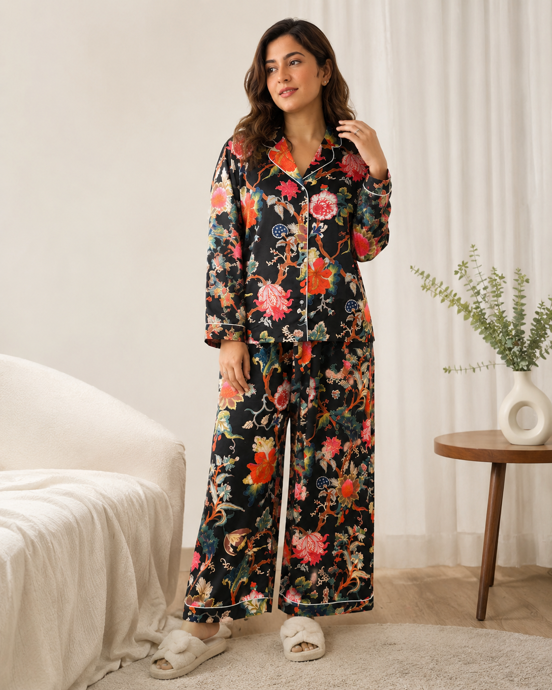 BLACK FLORAL PURE COTTON NIGHT SUIT