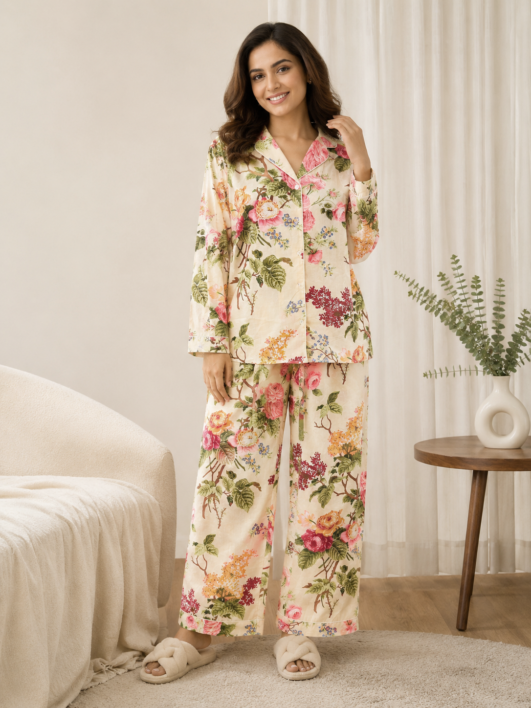 BEIGE FLORAL PRINT PURE COTTON NIGHT SUIT