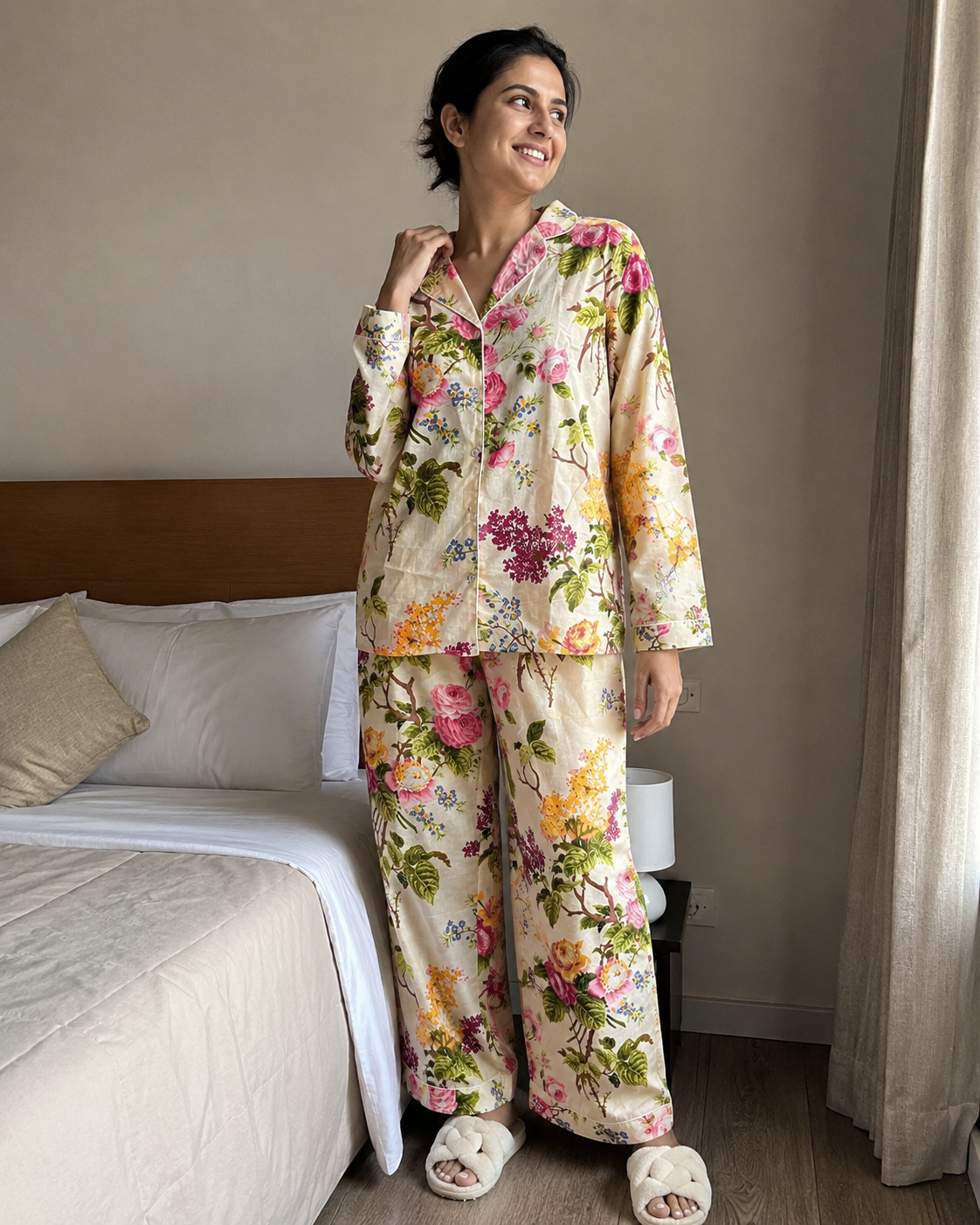 BEIGE FLORAL PRINT PURE COTTON NIGHT SUIT