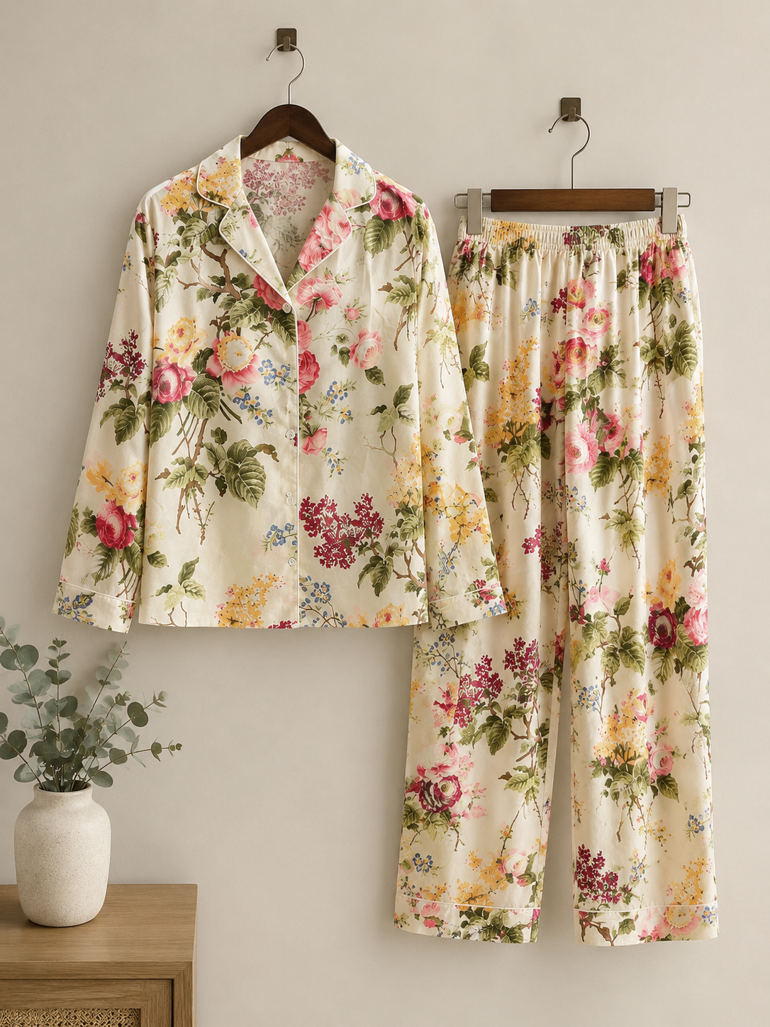 BEIGE FLORAL PRINT PURE COTTON NIGHT SUIT
