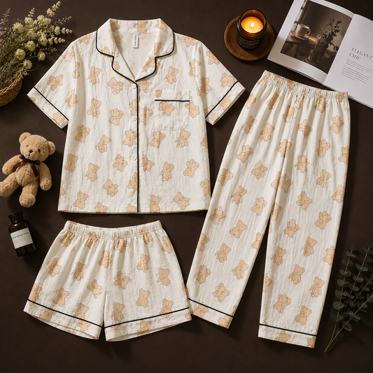 Premium 3-Piece Cotton Blend  Lounge Set – Shirt, Shorts & Pajama