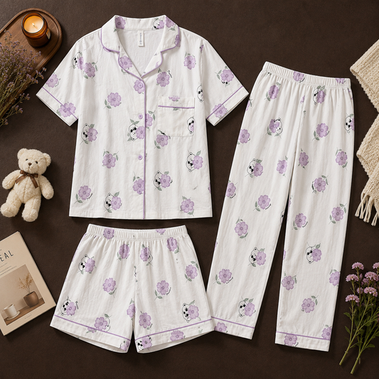 Off white lavender floral Premium 3-Piece Blend Cotton Lounge Set – Shirt, Shorts & Pajama