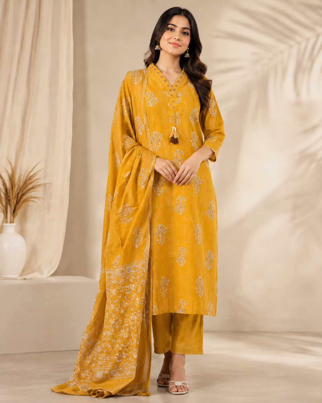 MUSTARD YELLOW PRINTED COTTON 3 PC SET