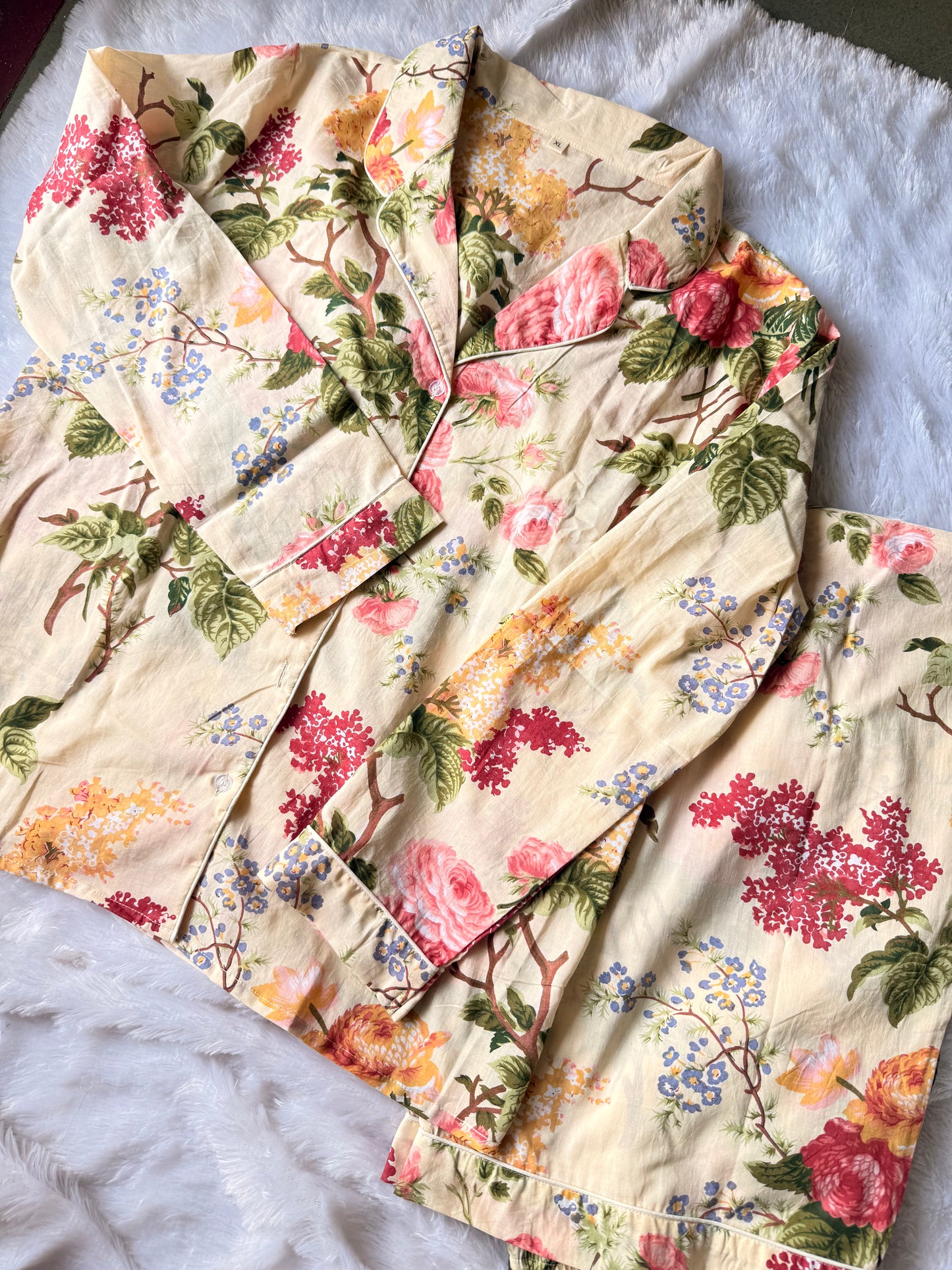 BEIGE FLORAL PRINT PURE COTTON NIGHT SUIT