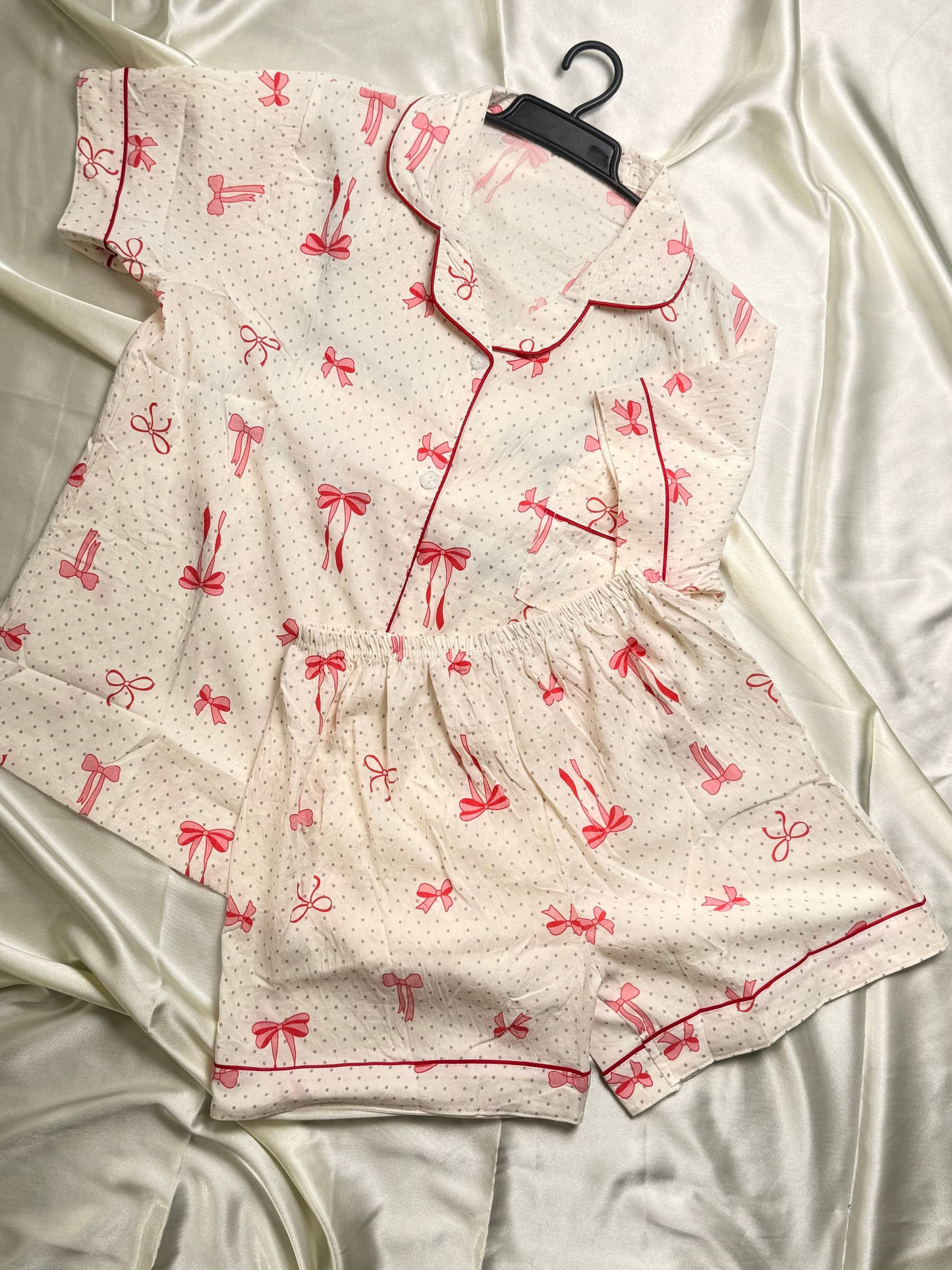 Bow Print  blend Cotton PJ Set – Half Sleeve Shirt & Shorts