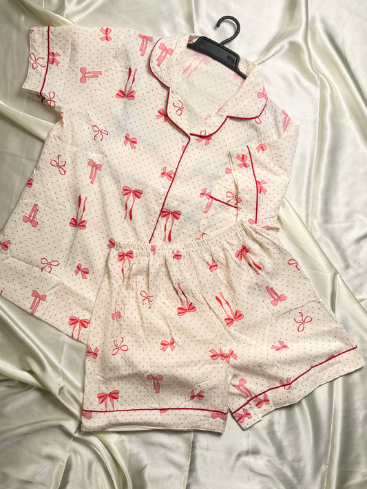 Bow Print  blend Cotton PJ Set – Half Sleeve Shirt & Shorts