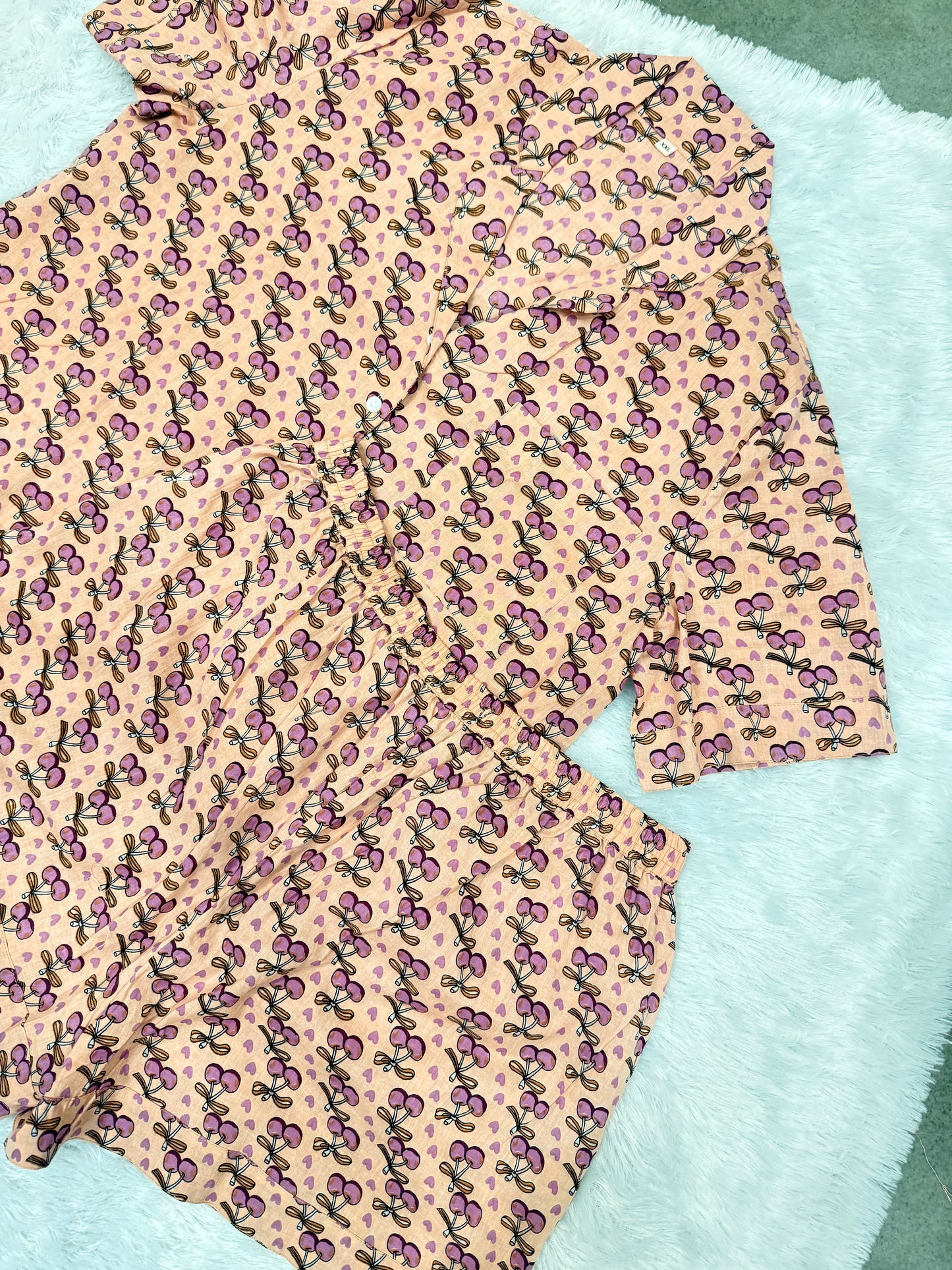 🍒Light Peach & Lavender Cherry Pure Cotton Night Suit