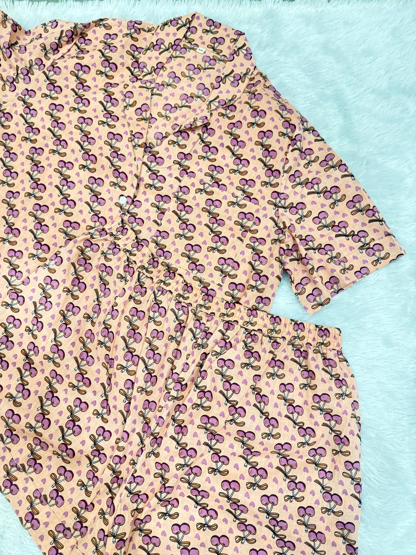 🍒Light Peach & Lavender Cherry Pure Cotton Night Suit