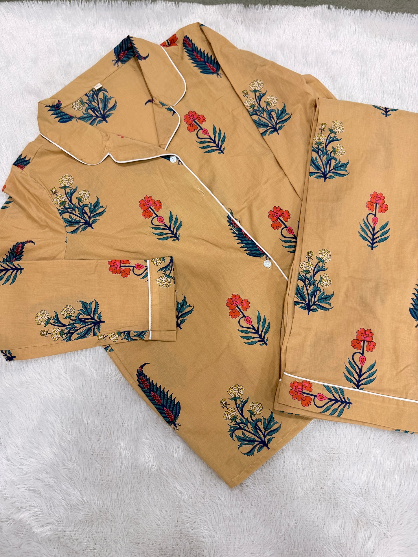 CAMEL BEIGE  Floral Cotton PJ Set
