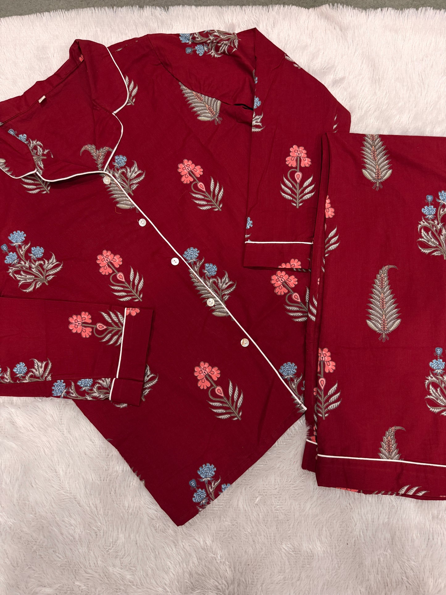 Maroon Floral Cotton PJ Set