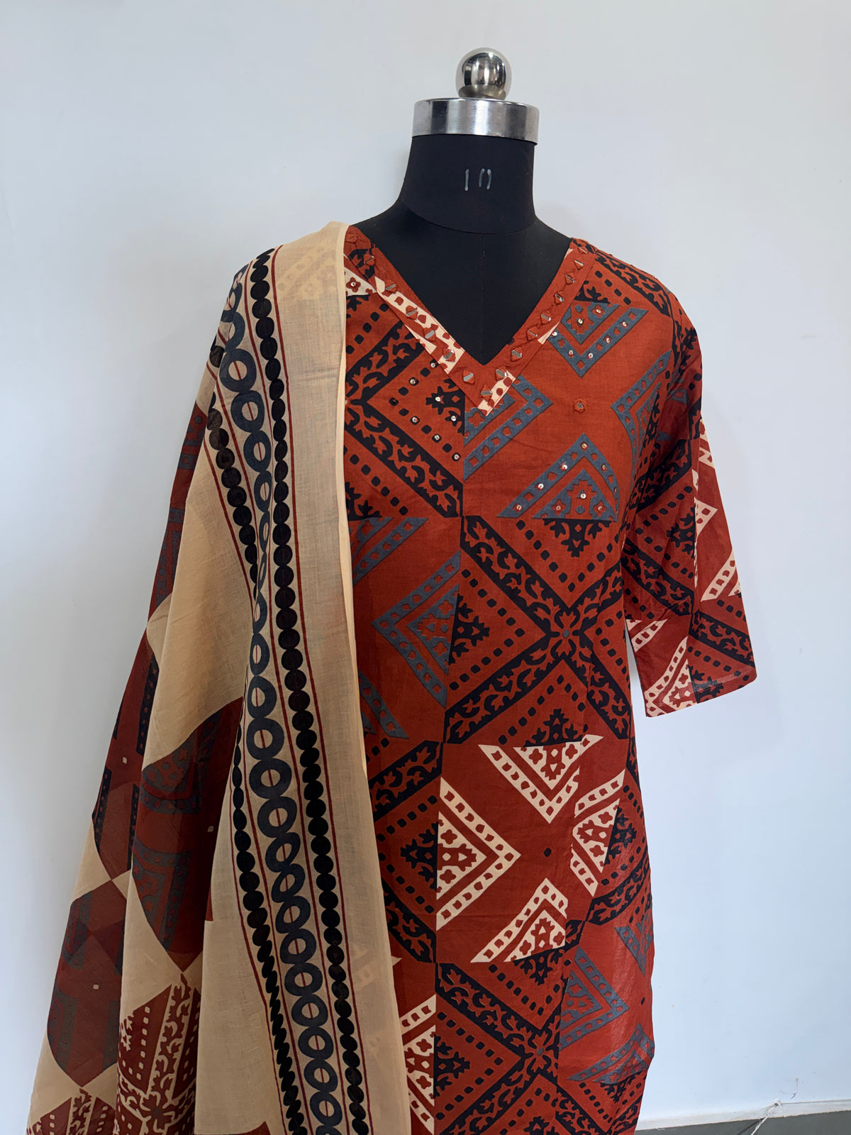 Rust Ajrakh-Inspired 3-Piece Pure Cotton Set