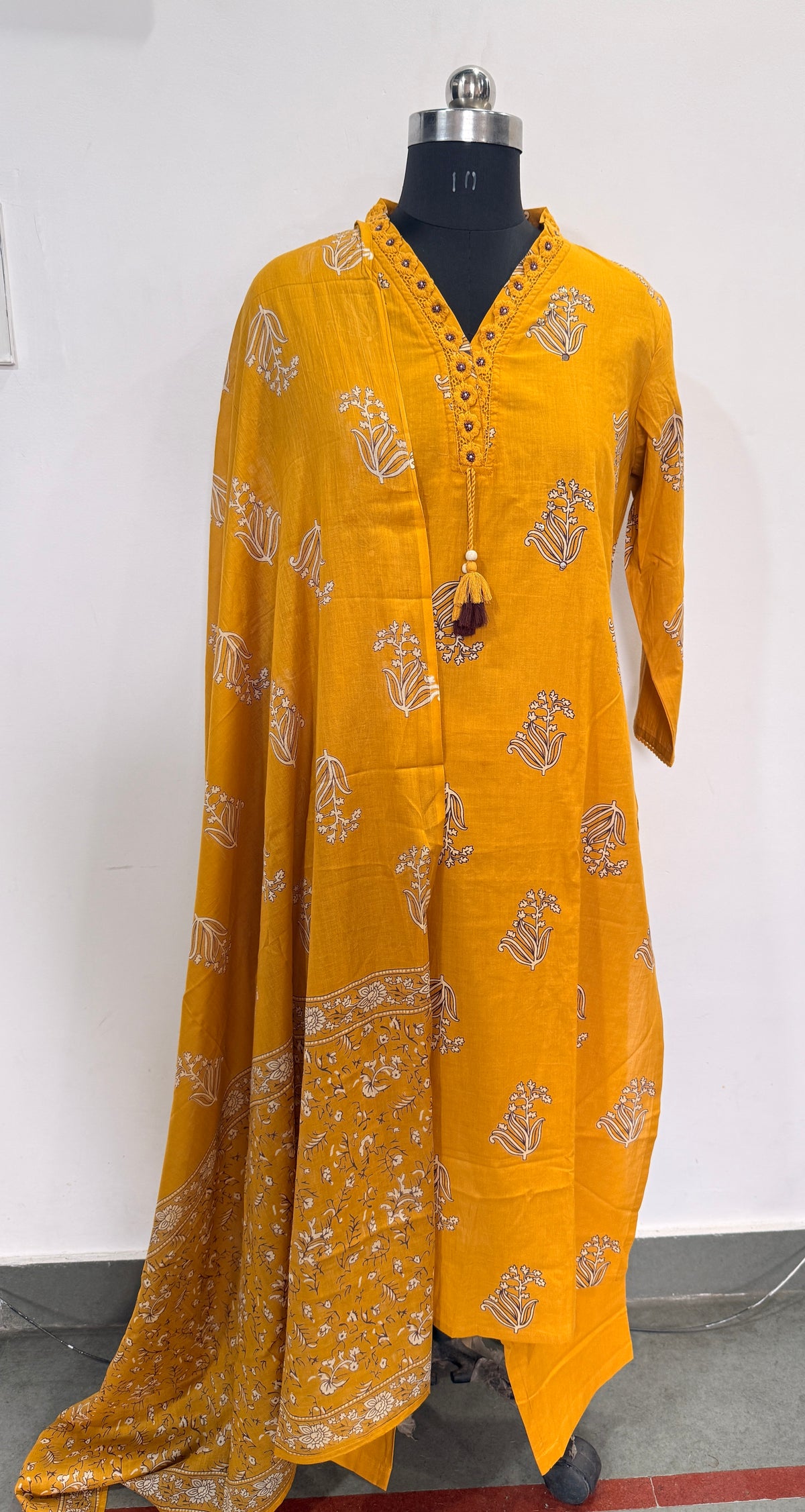 MUSTARD YELLOW PRINTED COTTON 3 PC SET