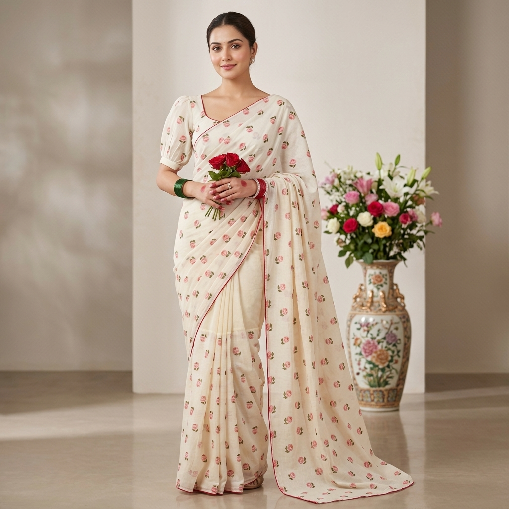 Ivory Rose Malmal Saree with unstiched blouse – Subtle Elegance